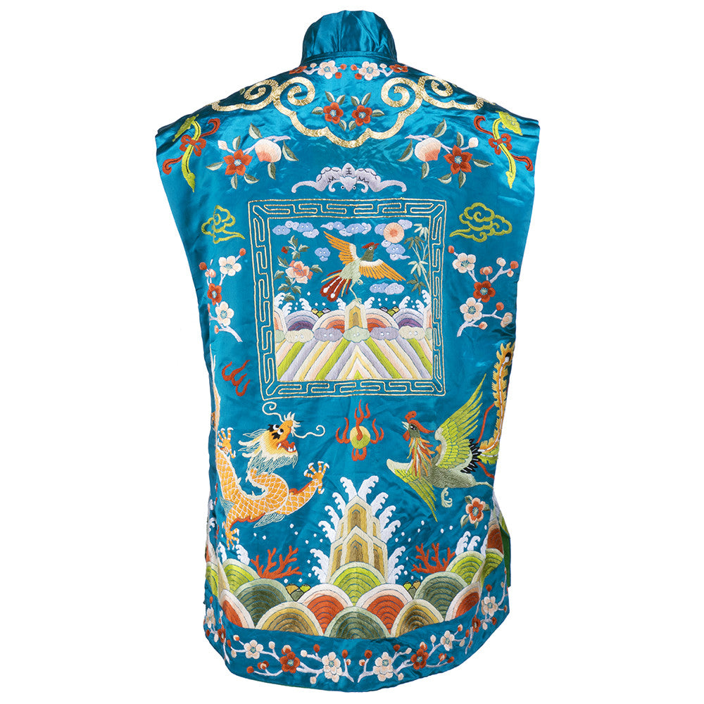 Vintage Mid-Century Chinese Teal Satin Vest, back