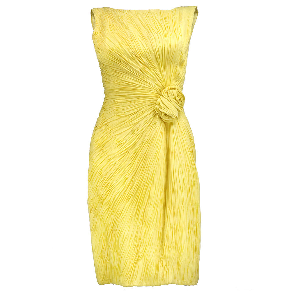 60s Unlabeled Yellow Chiffon Ruched Cocktail Dress front