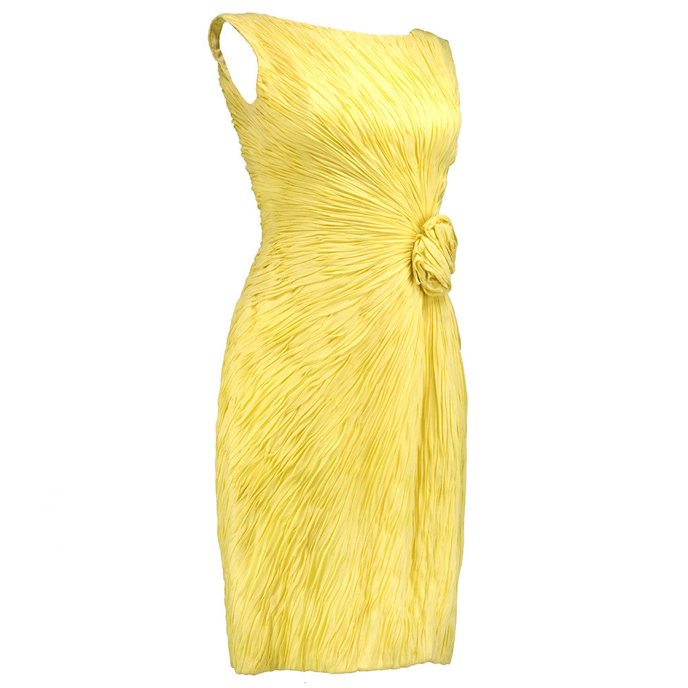 60s Unlabeled Yellow Chiffon Ruched Cocktail Dress side