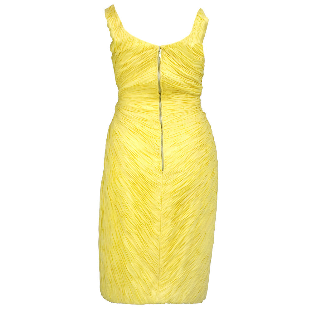 60s Unlabeled Yellow Chiffon Ruched Cocktail Dress back