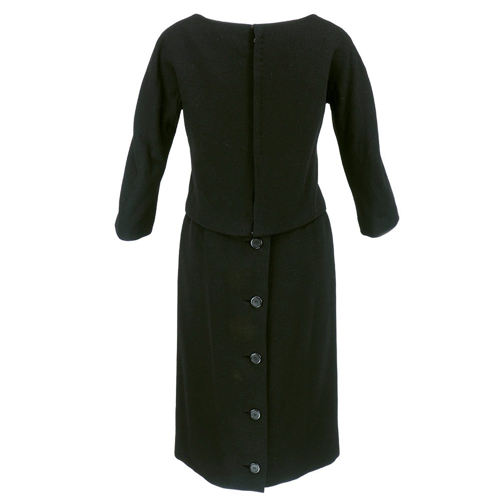 Vintage DIOR 60s Couture Black Two-Piece Wool Dress, back