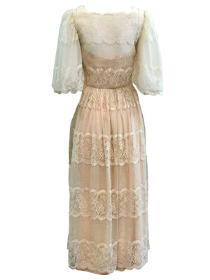 70s Ivory Lace Gown with Pink Underlay