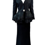 Gianfranco  Ferre 80s Black Evening Ensemble with Lace Peplum FRONT 1 of 8