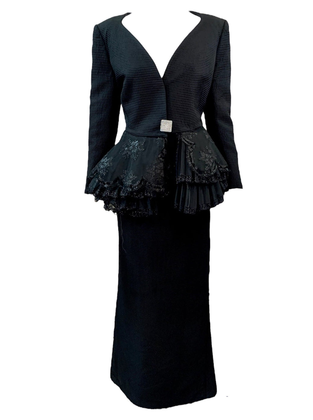 Gianfranco  Ferre 80s Black Evening Ensemble with Lace Peplum FRONT 1 of 8