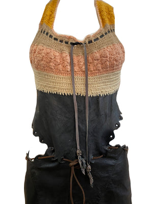 Genuine 1960s Hippie Handmade Halter Crochet and Leather Dress, detail front