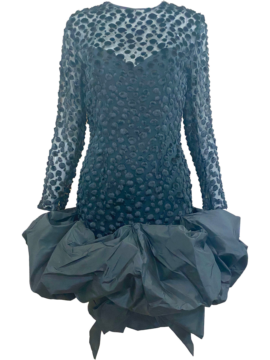 Vicky Tiel 80s Black Cut Velvet Cocktail Dress with Huge Taffeta Ruffle FRONT 1 of 4