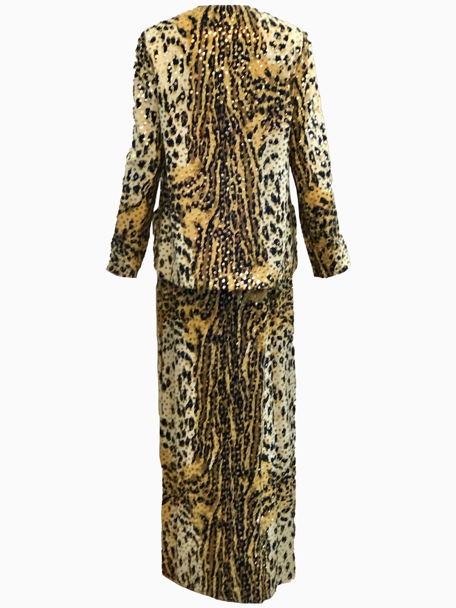  Mollie Parnis 70s Leopard Print Gown with Sequins and Matching Jacket BACK ENSEMBLE 2 of 7