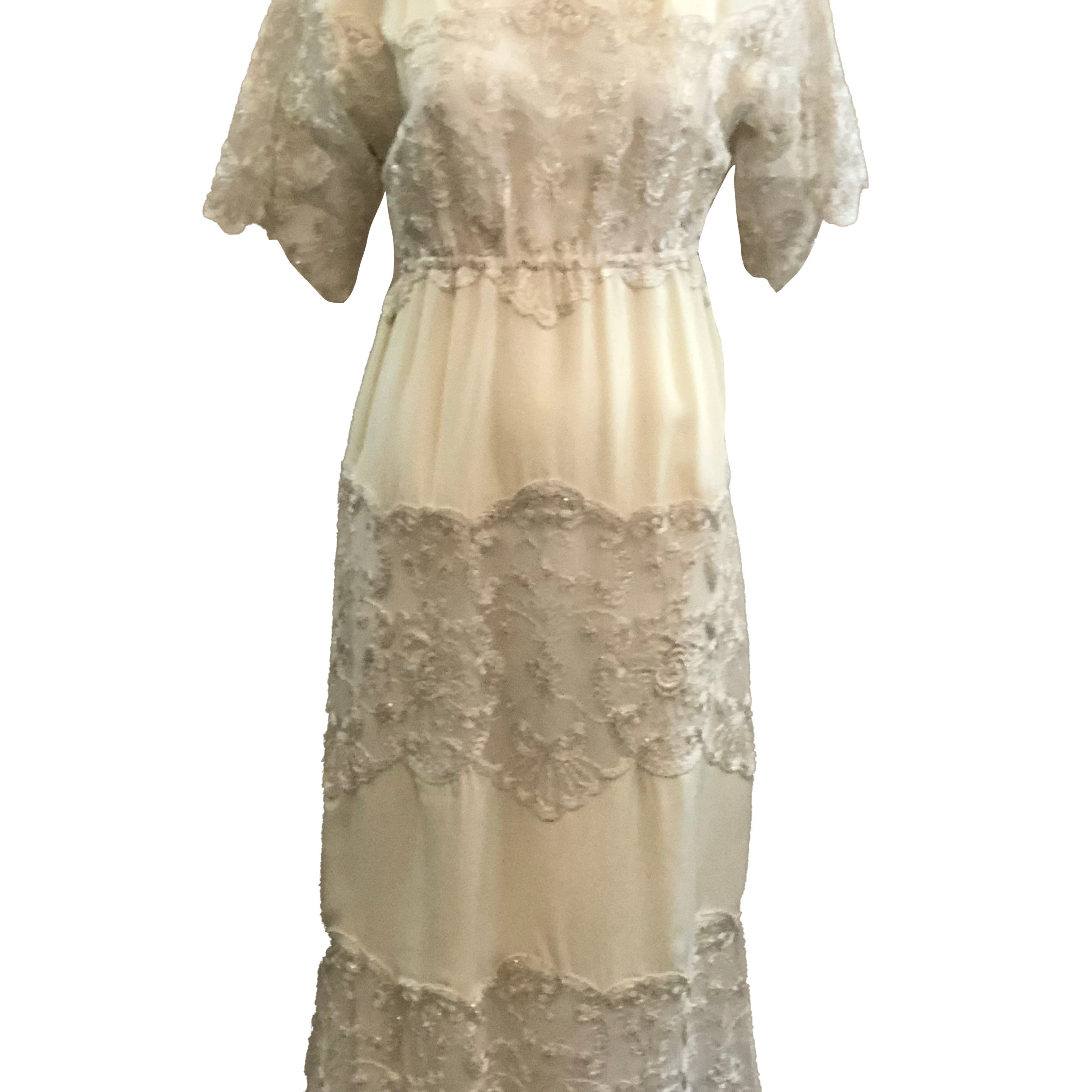 Sant Angelo Dress 70s Ivory Crepe and Silver Shot Lace FRONT 1 of 4