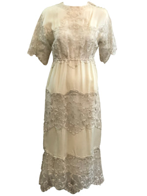 Sant Angelo Dress 70s Ivory Crepe and Silver Shot Lace FRONT 1 of 4