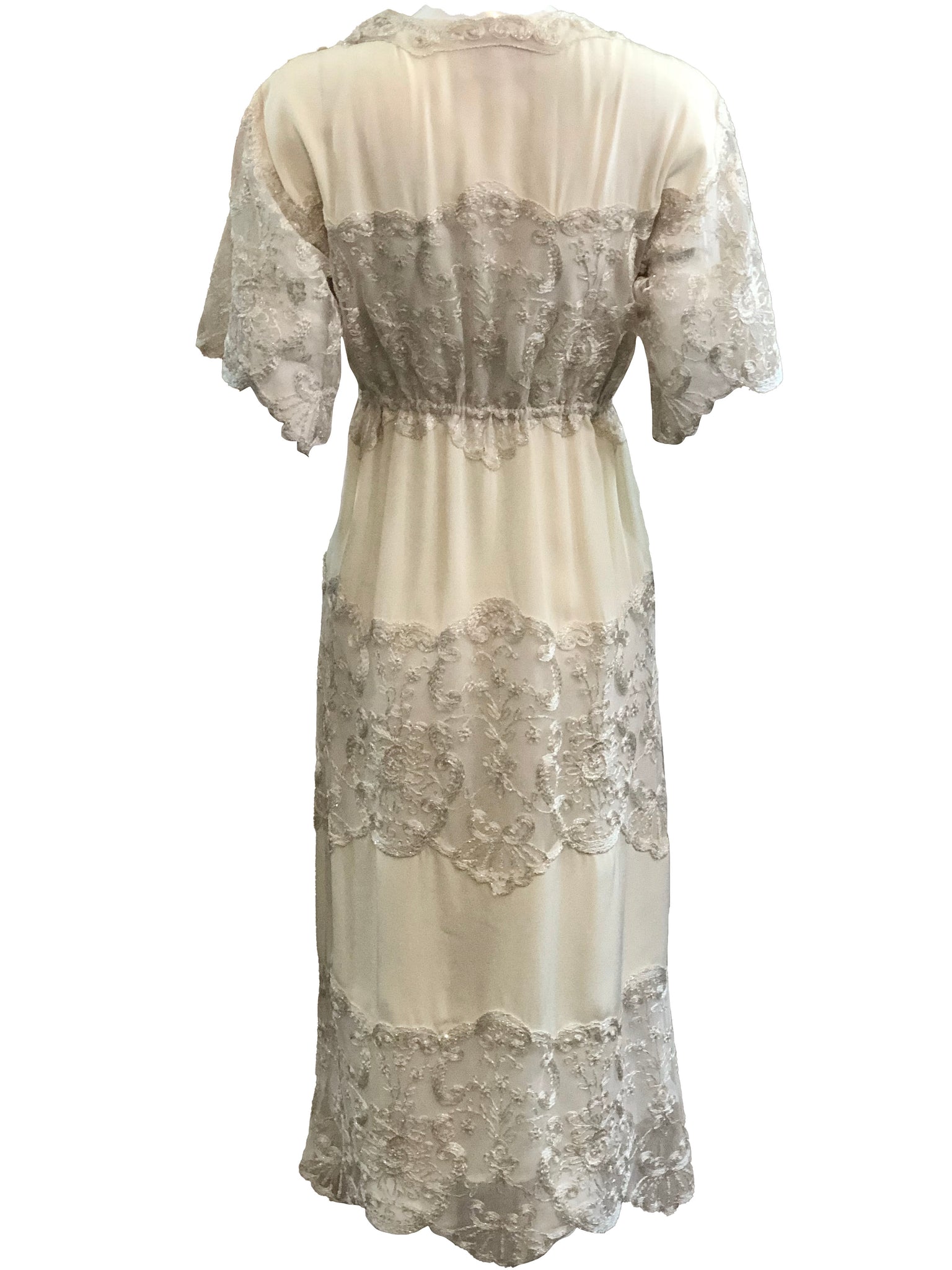 Sant Angelo Dress 70s Ivory Crepe and Silver Shot Lace BACK 3 of 4