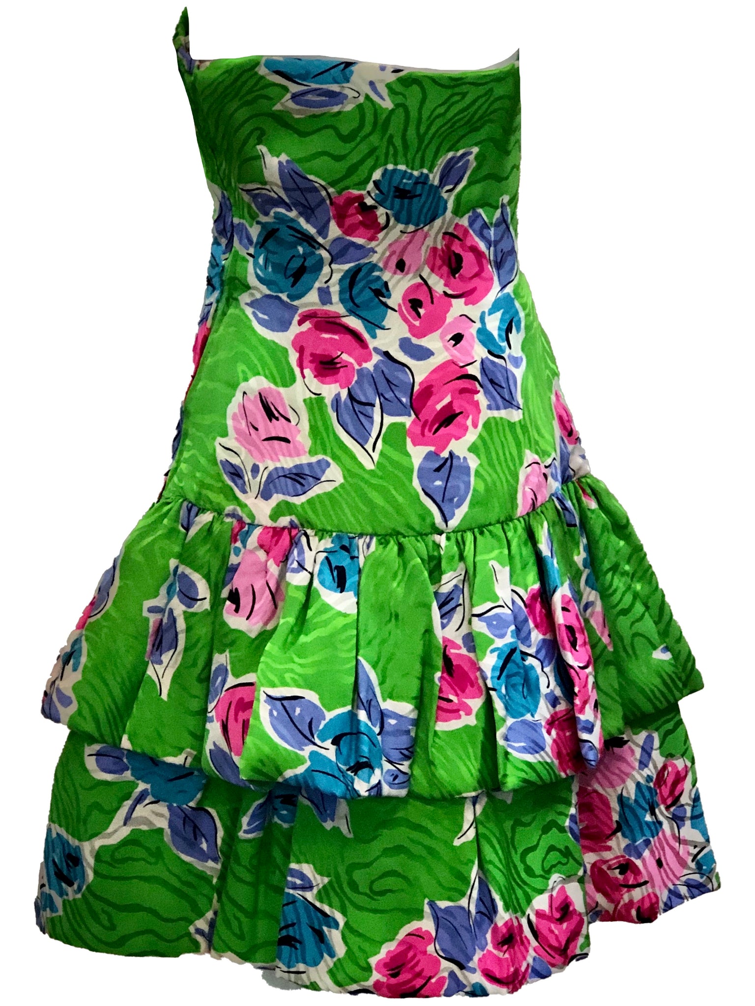 Arnold Scaasi 90s Green Floral Silk Strapless Cocktail Dress BACK 3 of 5