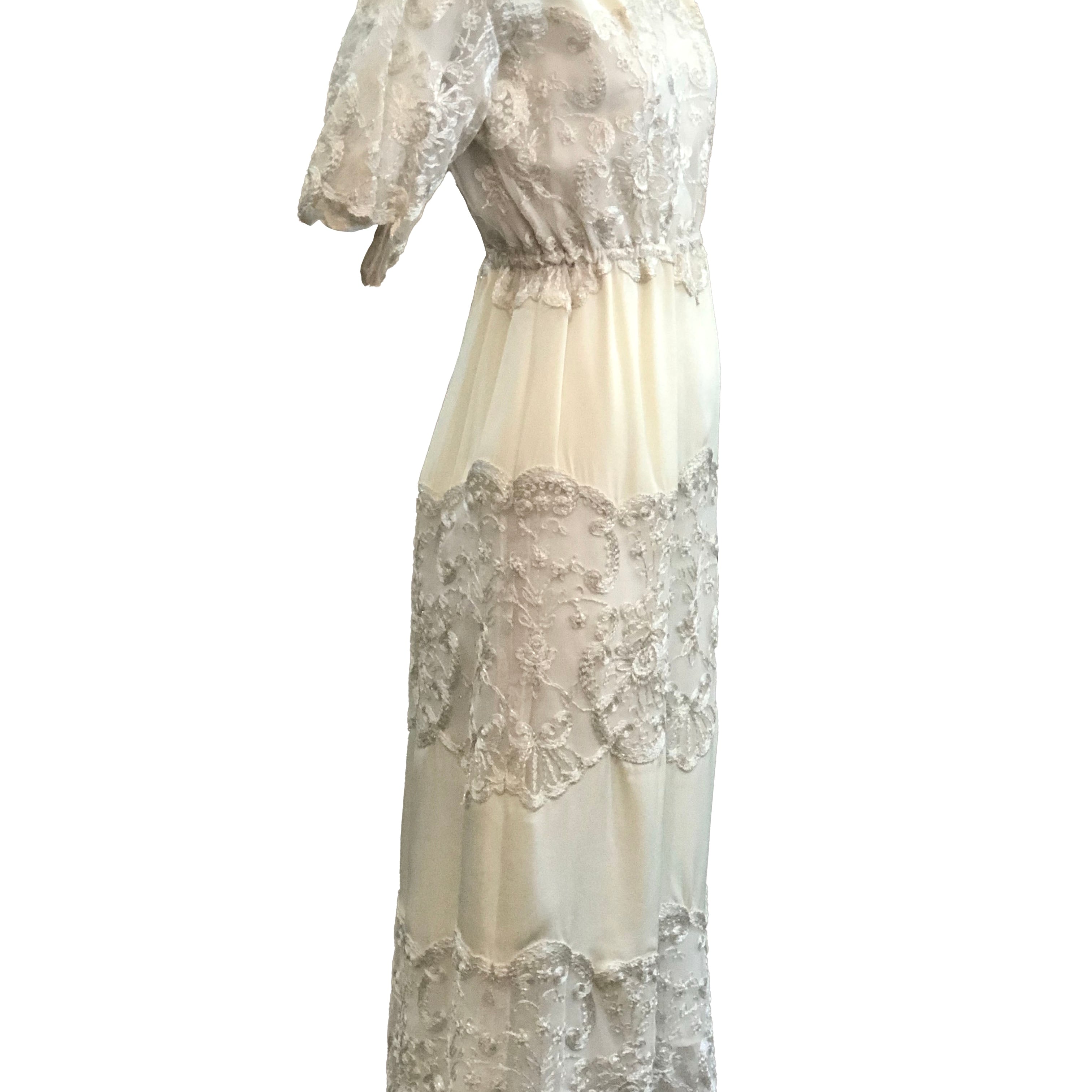 Sant Angelo Dress 70s Ivory Crepe and Silver Shot Lace SIDE 2 of 4