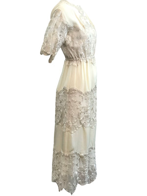 Sant Angelo Dress 70s Ivory Crepe and Silver Shot Lace SIDE 2 of 4