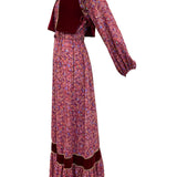 70s Peasant Maxi Dress in Burgundy Floral with Velvet Vest SIDE 2 of 6