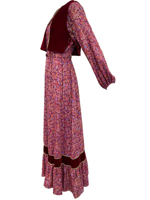 70s Peasant Maxi Dress in Burgundy Floral with Velvet Vest SIDE 2 of 6