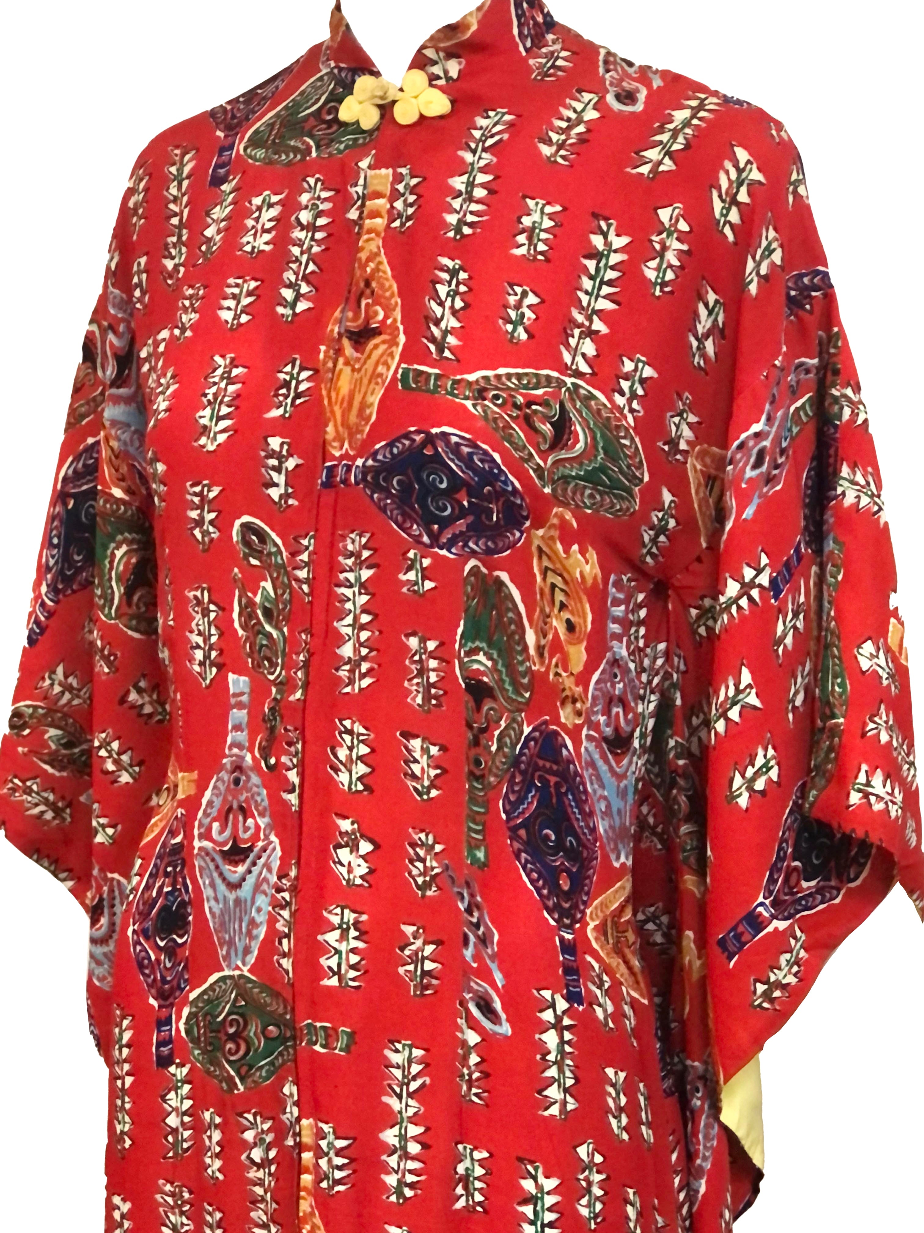  Kuhio 50s Hawaiian Red Rayon Pake Muu   CLOSE UP 2 of 5