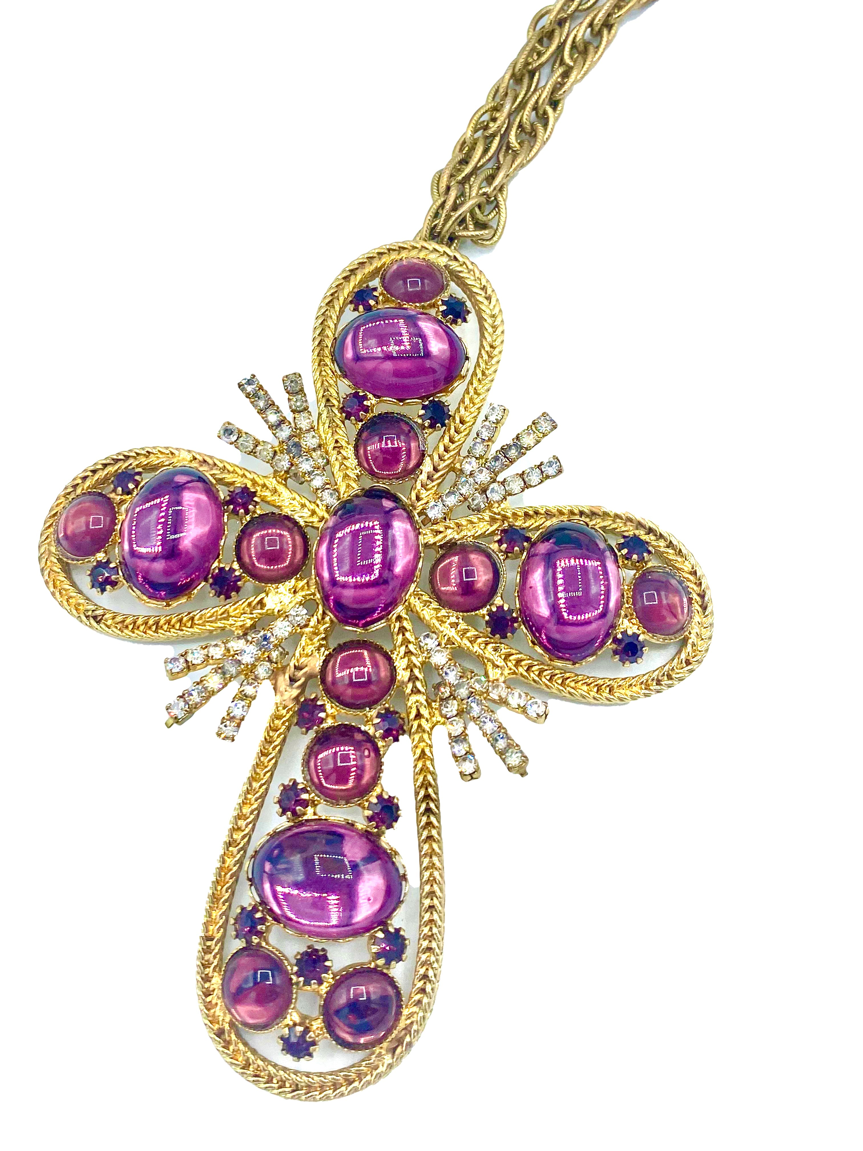 70s Oversized Cross Pendant In Amethyst Toned Stones For Swingers DETAIL 3 of 3