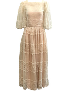 70s Ivory Lace Gown with Pink Underlay