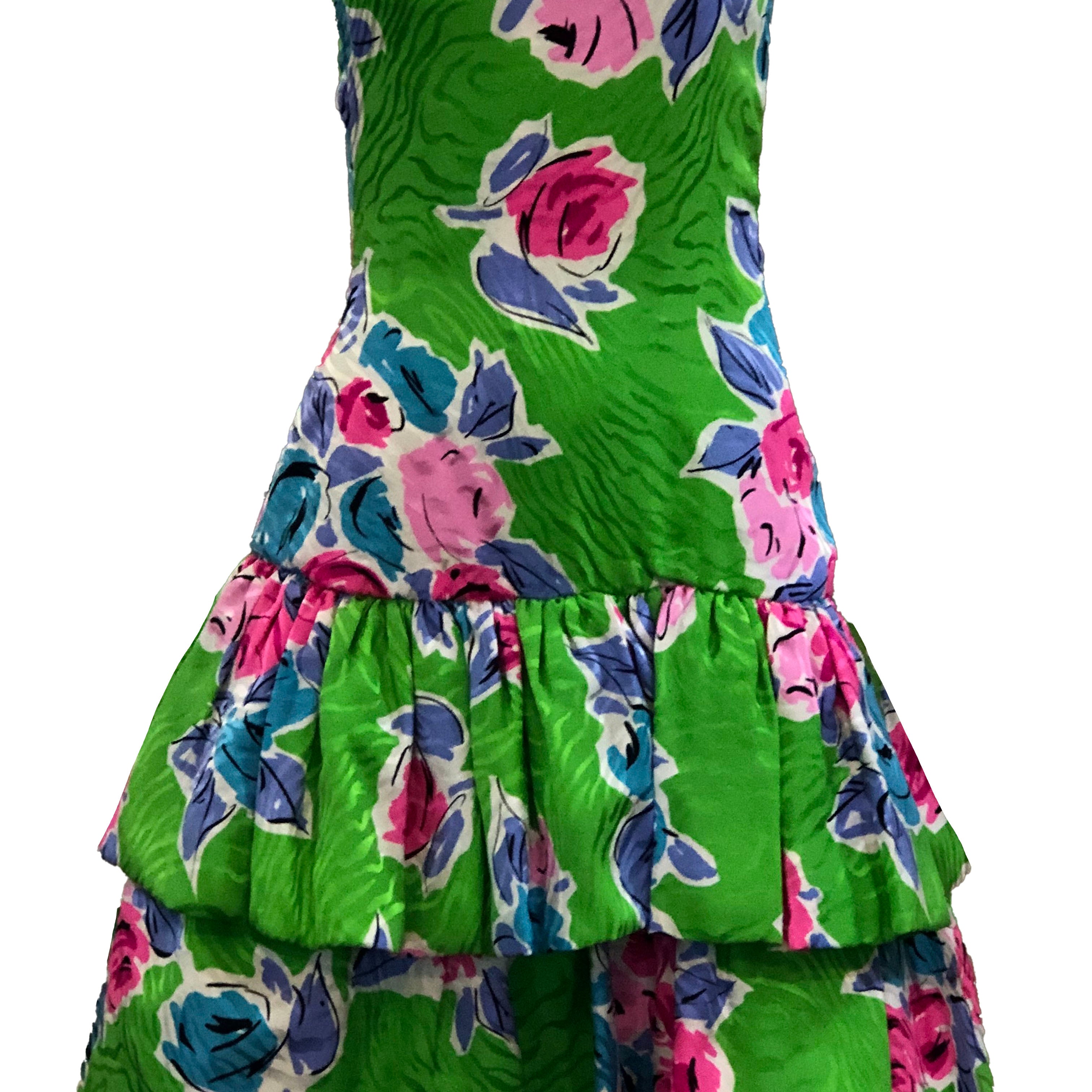 Arnold Scaasi 90s Green Floral Silk Strapless Cocktail Dress FRONT 1 of 5