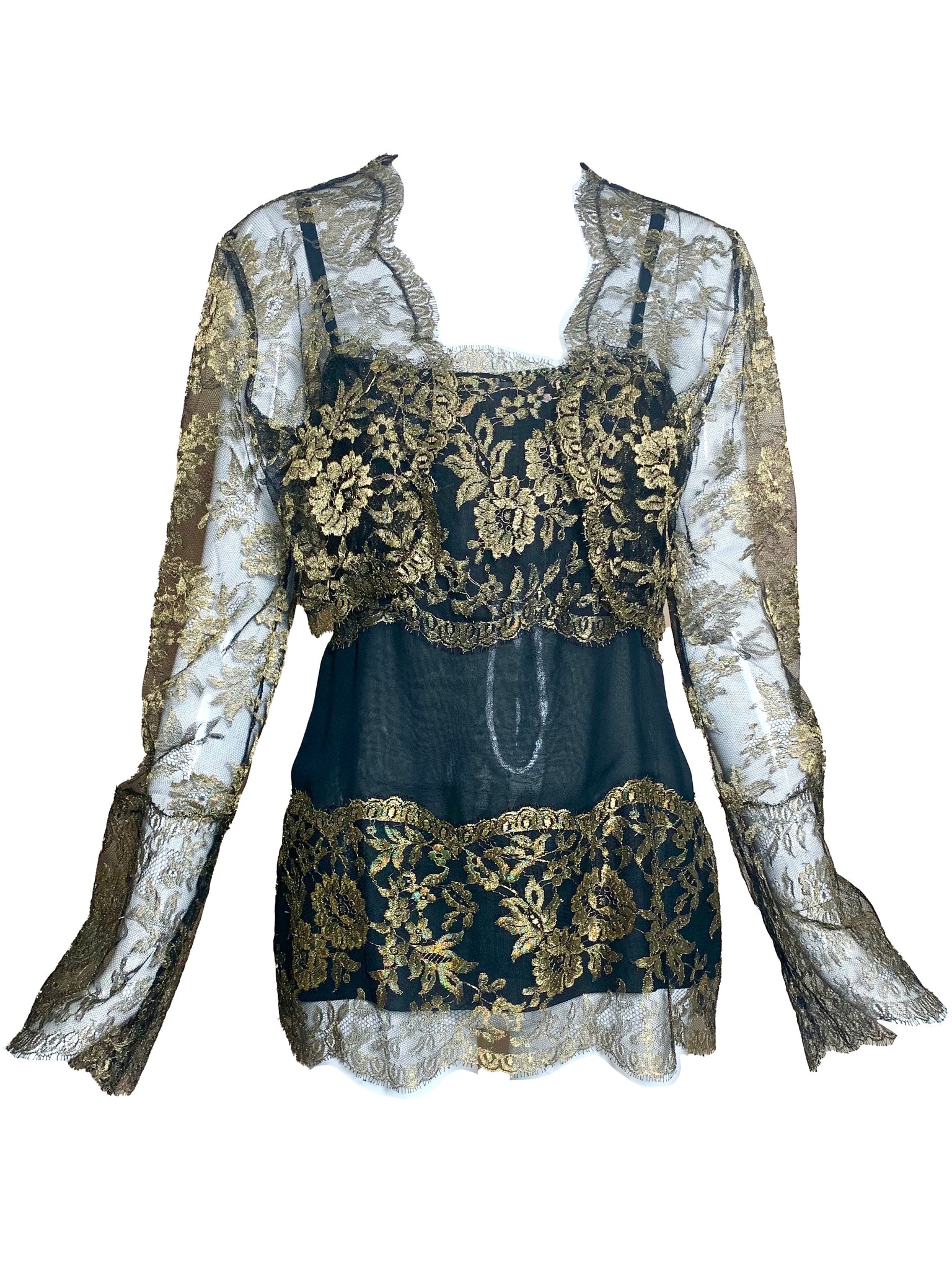 80s Gold Lame Lace Evening Blouse with Matching Cropped Jacket FRONT 2 of 5