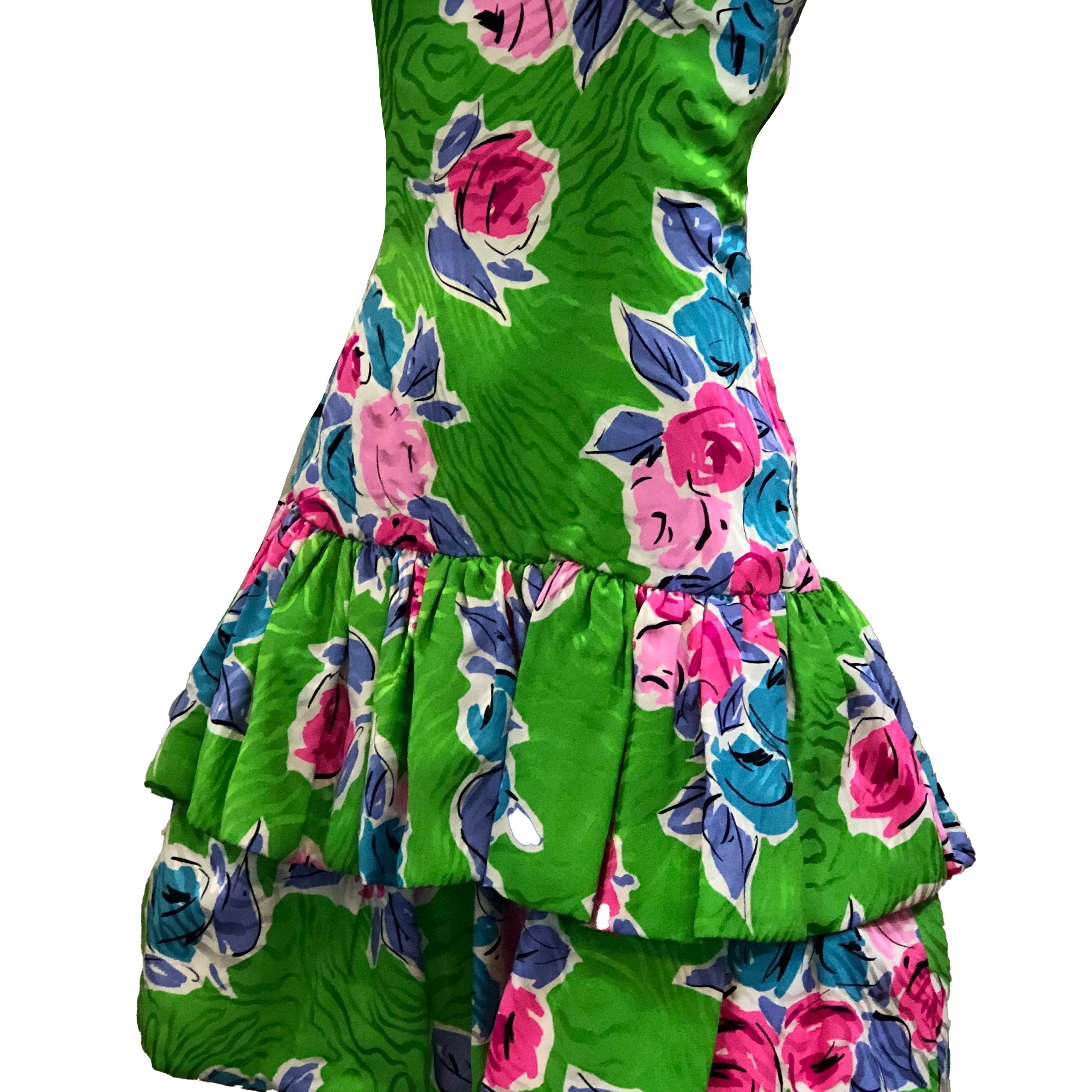 Arnold Scaasi 90s Green Floral Silk Strapless Cocktail Dress SIDE 2 of 5
