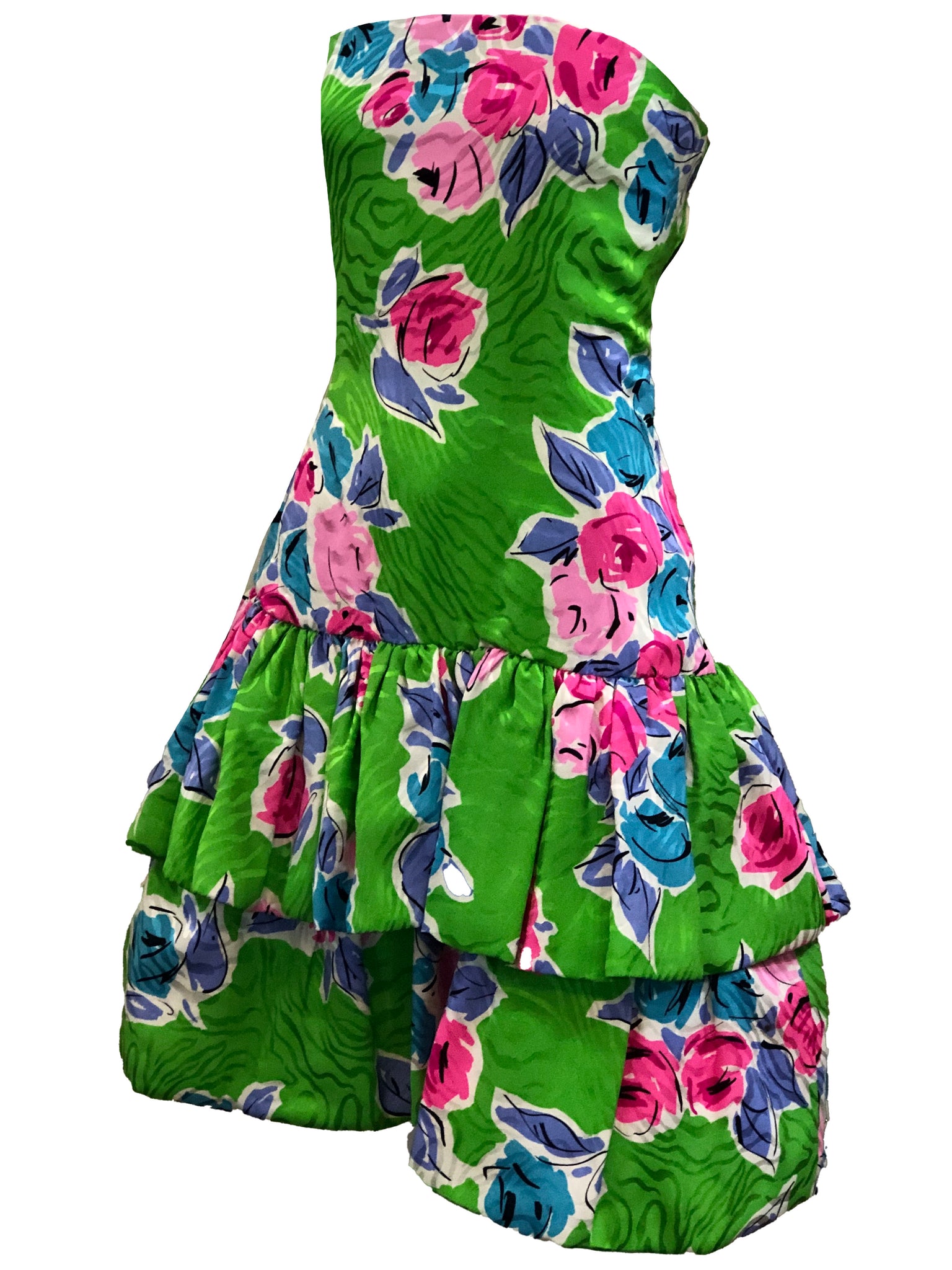 Arnold Scaasi 90s Green Floral Silk Strapless Cocktail Dress SIDE 2 of 5