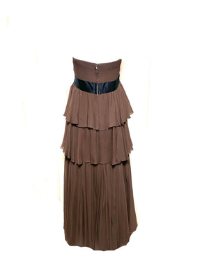 Sarmi  60s Chocolate Brown Chiffon Tiered Strapless Gown BACK 2 of 3