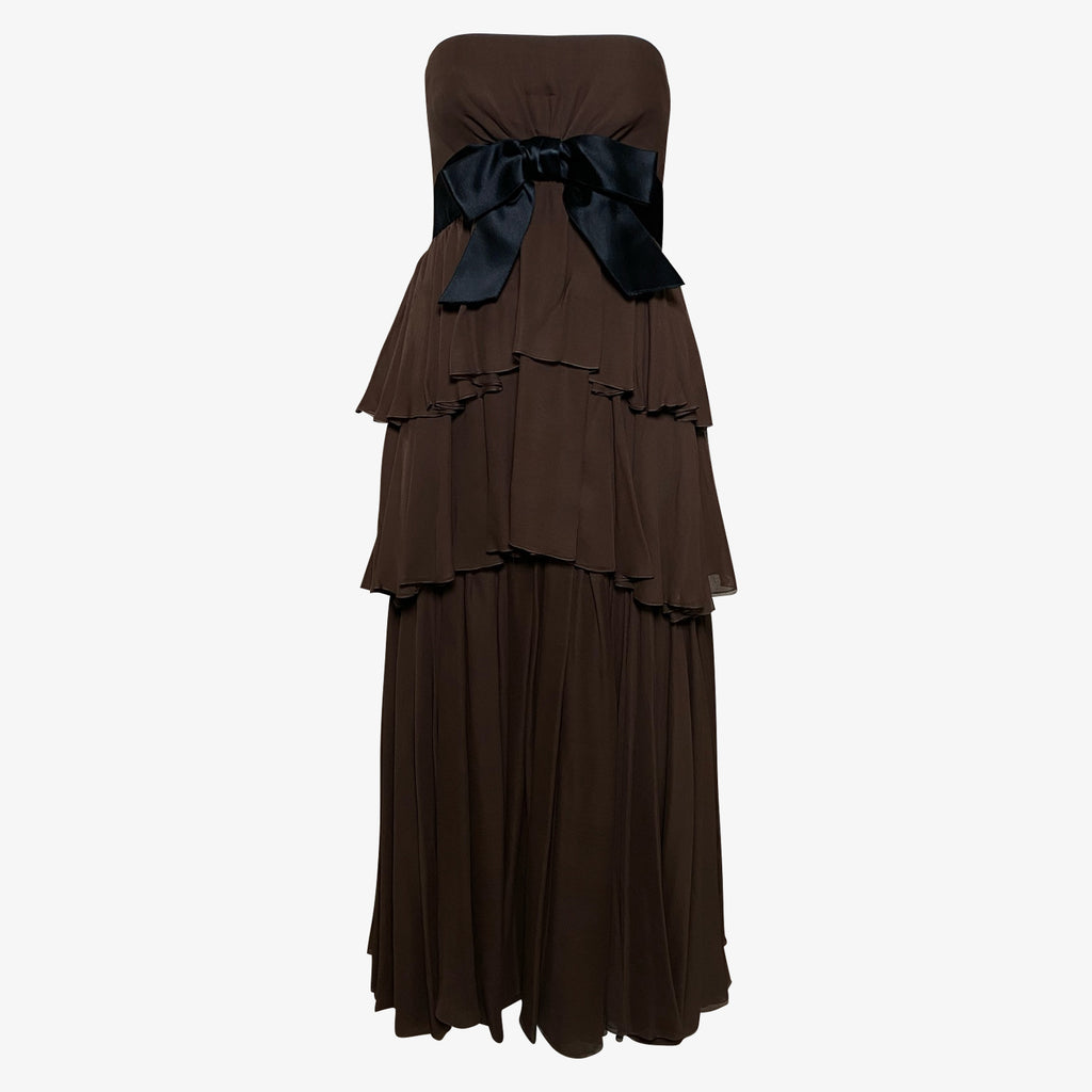 Sarmi  60s Chocolate Brown Chiffon Tiered Strapless Gown FRONT 1 of 3