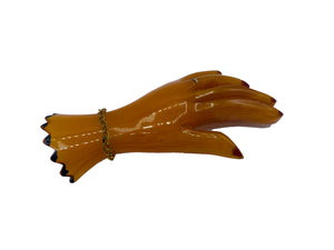 40s Butterscotch Bakelite Hand Brooch with Chain Detail