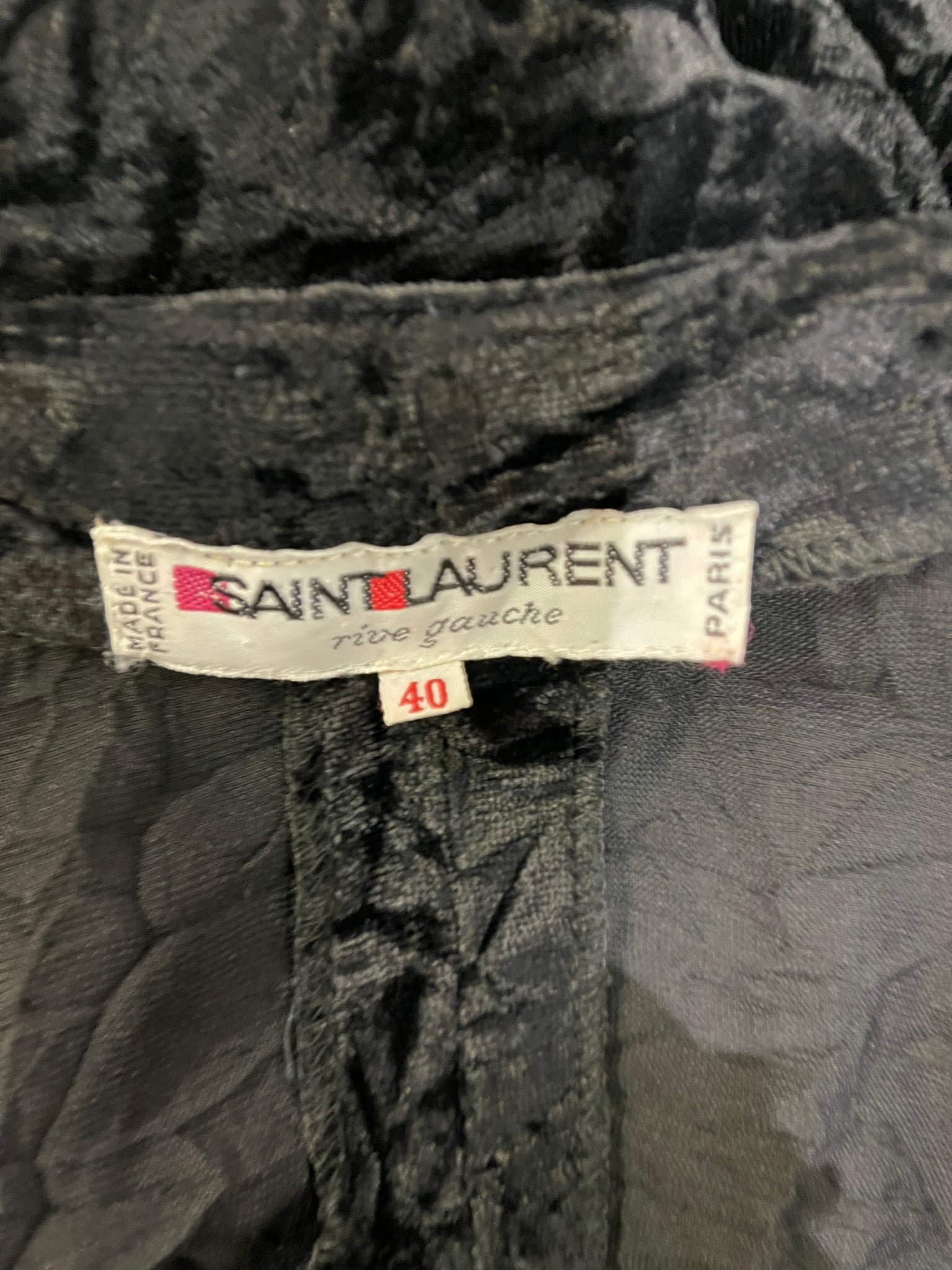   Saint Laurent Rive Gauche 80s Black Crushed Velvet Wrap Cocktail Dress LABEL 3 of 3