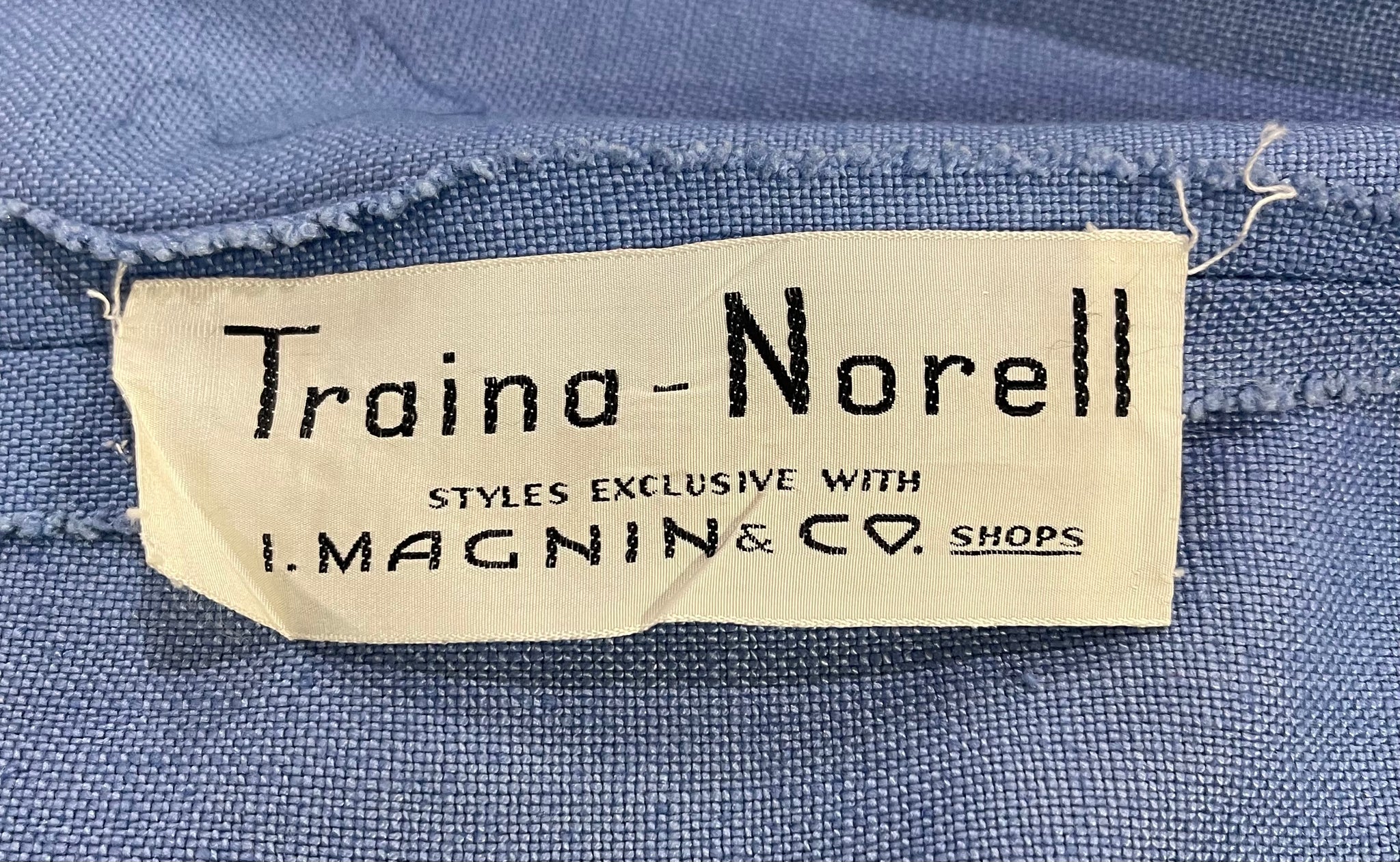 Traina Norell 60s Cornflower Blue and White  Linen Sailor Dress LABEL 5 of 5