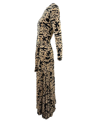 DVF Brown and Tan Graphic Print Jersey Maxi Dress SIDE 2 of 5