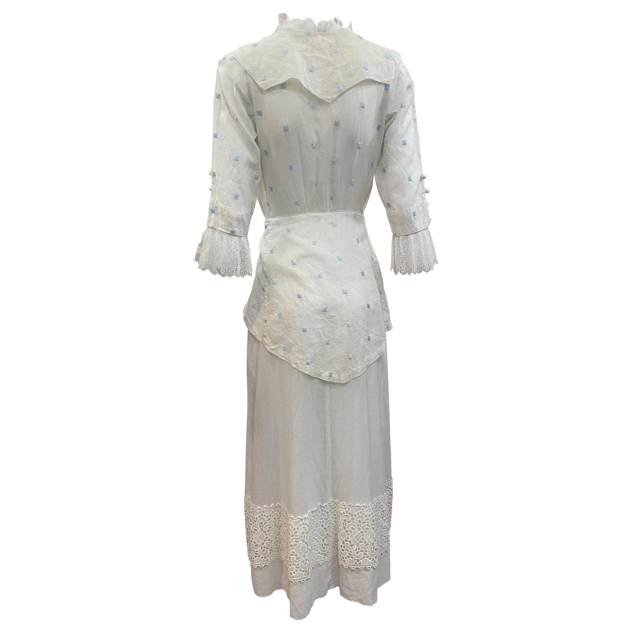 Edwardian White with Hand Embroidered Blue Polka Dot Lawn Dress, baack