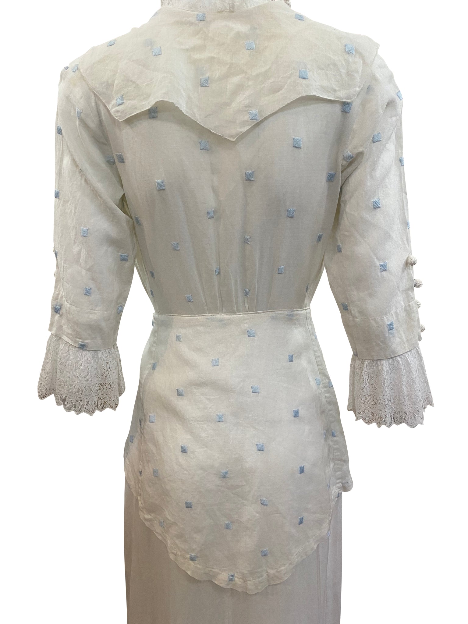 Edwardian White with Hand Embroidered Blue Polka Dot Lawn Dress, back detail