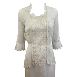 Edwardian White with Hand Embroidered Blue Polka Dot Lawn Dress, front 