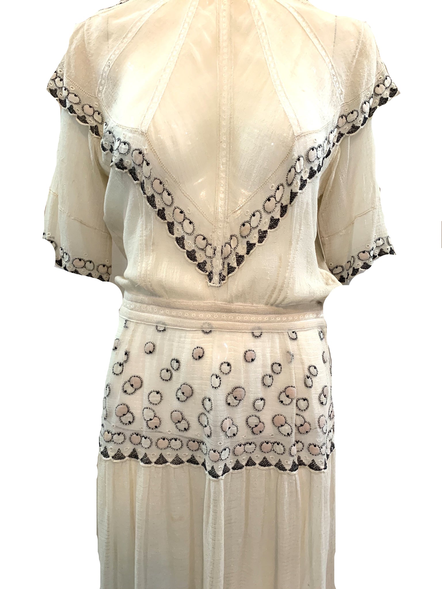 Edwardian Ivory Chiffon Dress with Beautiful Embroidery, front detail