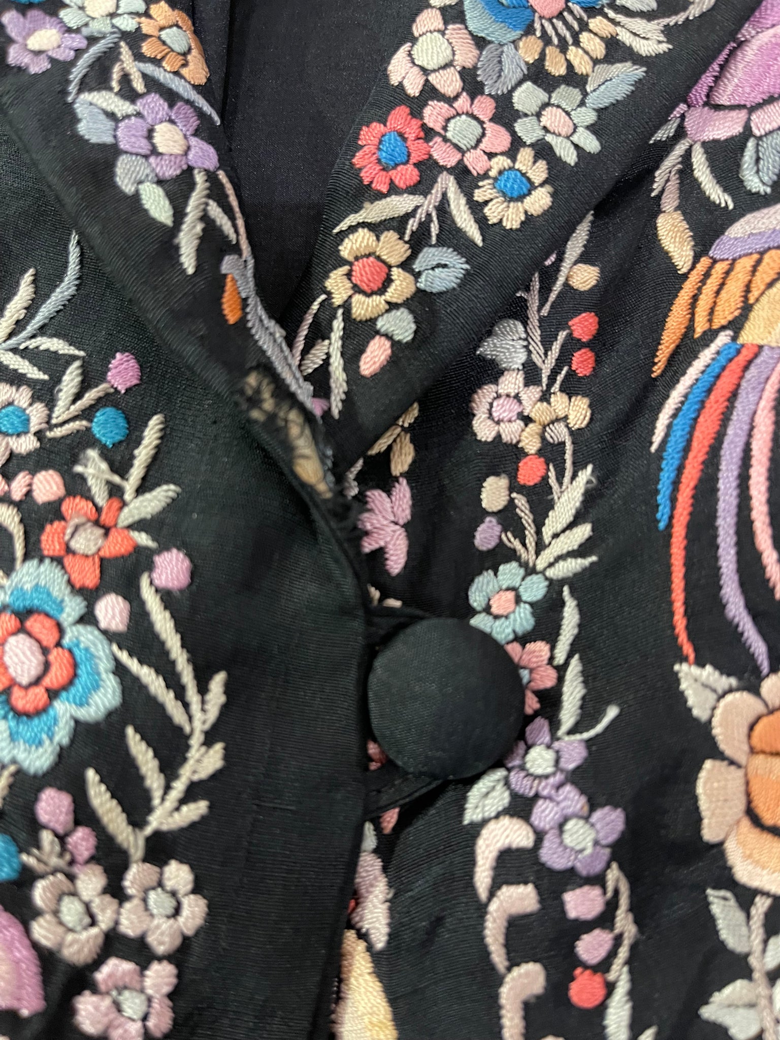 20s Chinese All-Over Multi-Color Hand Embroidered Silk Jacket DETAIL CONDITION ISSUE 4 of 420s Chinese All-Over Multi-Color Hand Embroidered Silk Jacket  BUTTON 4 of 5