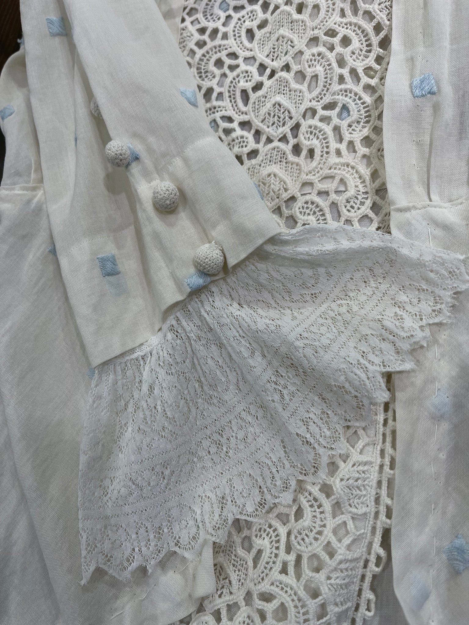 Edwardian White with Hand Embroidered Blue Polka Dot Lawn Dress, sleeve  lace detail