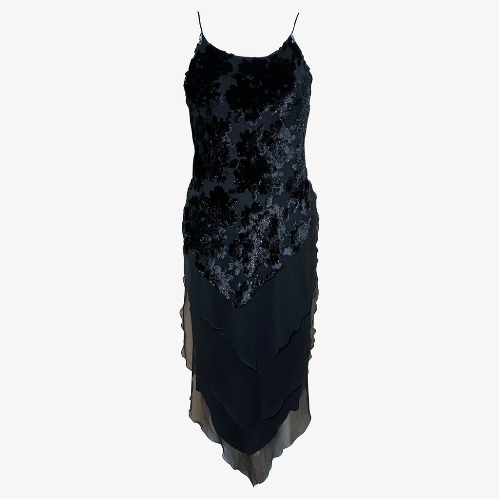 90s Black Cut Velvet Sparkle Dress Front  1 of 4