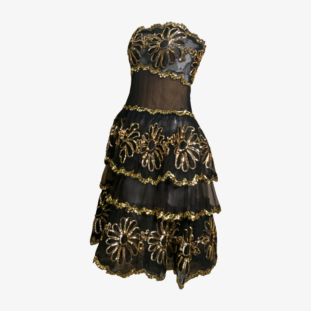 80s Black & Gold Sheer Strapless Embroidered Cocktail Dress
