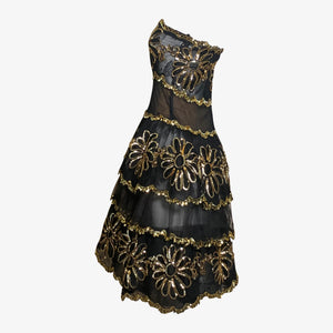 80s Black & Gold Sheer Strapless Embroidered Cocktail Dress, side