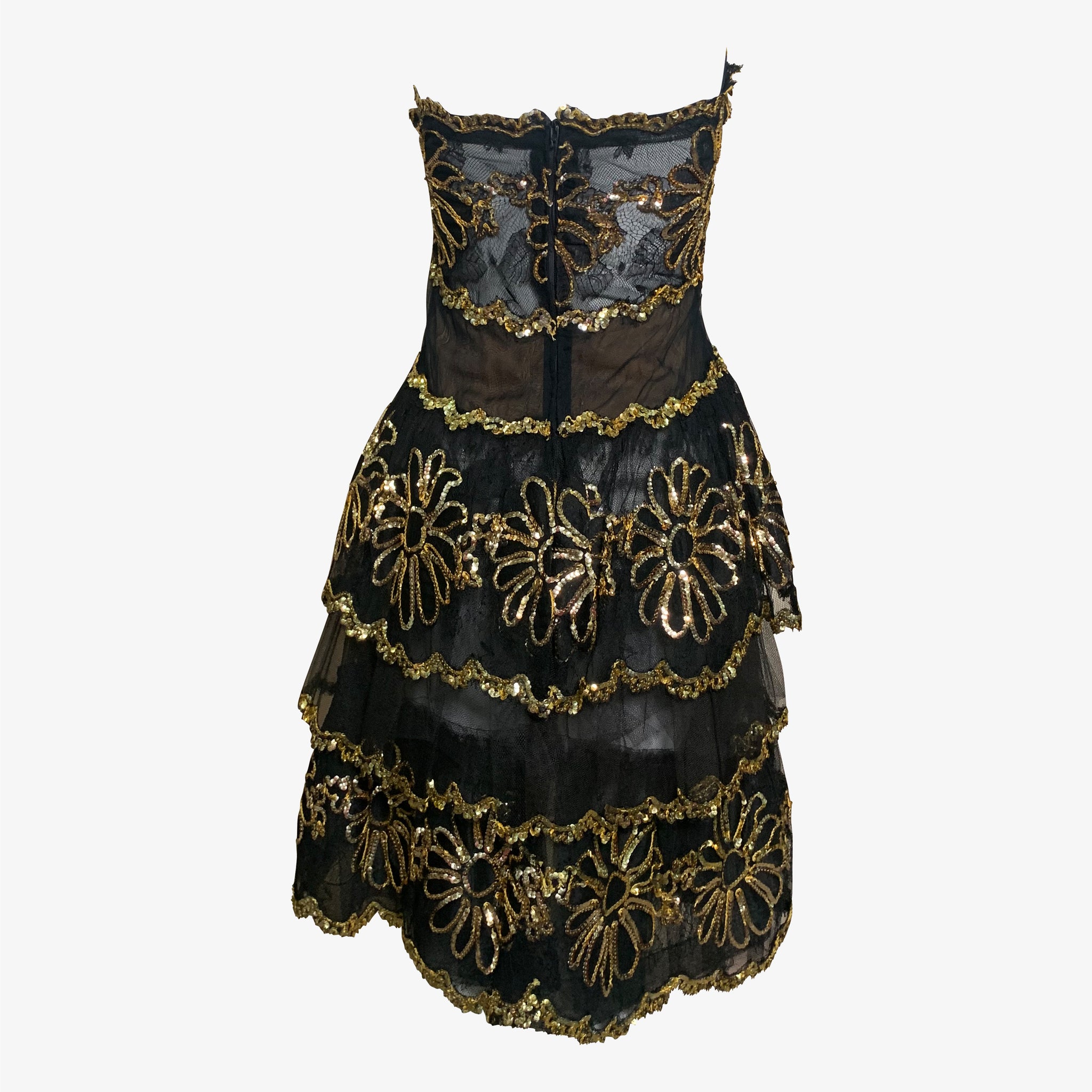 80s Black & Gold Sheer Strapless Embroidered Cocktail Dress, back