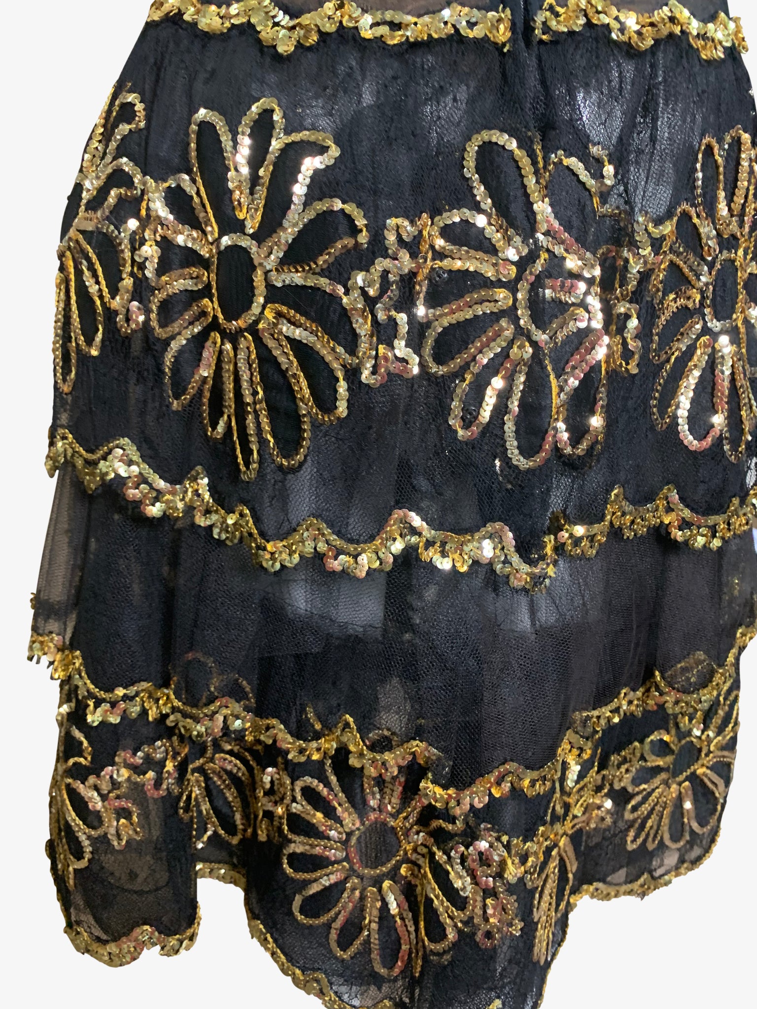 80s Black & Gold Sheer Strapless Embroidered Cocktail Dress, skirt