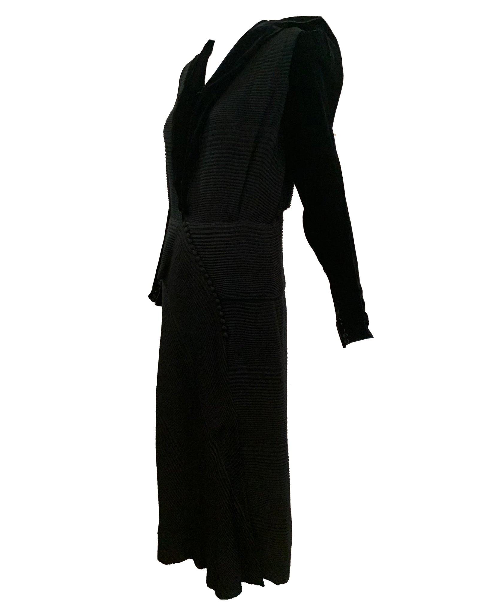 30s Couture Finish Dress Black Velvet Self Pleated SIDE 2 of 4