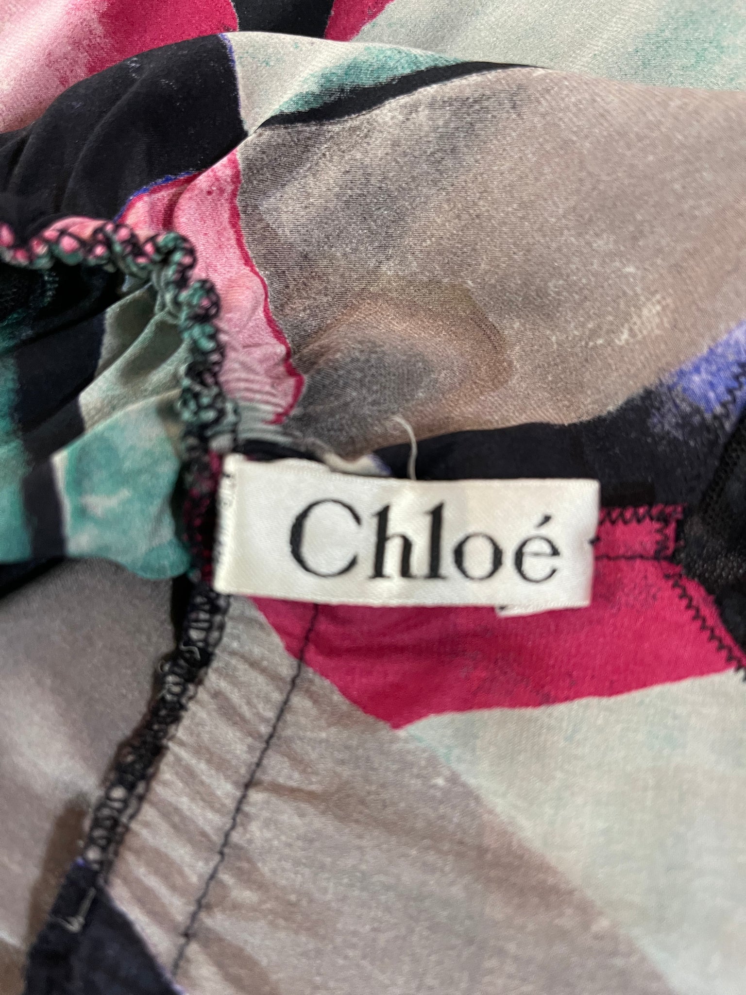  Chloe 80s Silk Print Dress with Velvet Trim LABEL 6 of 6