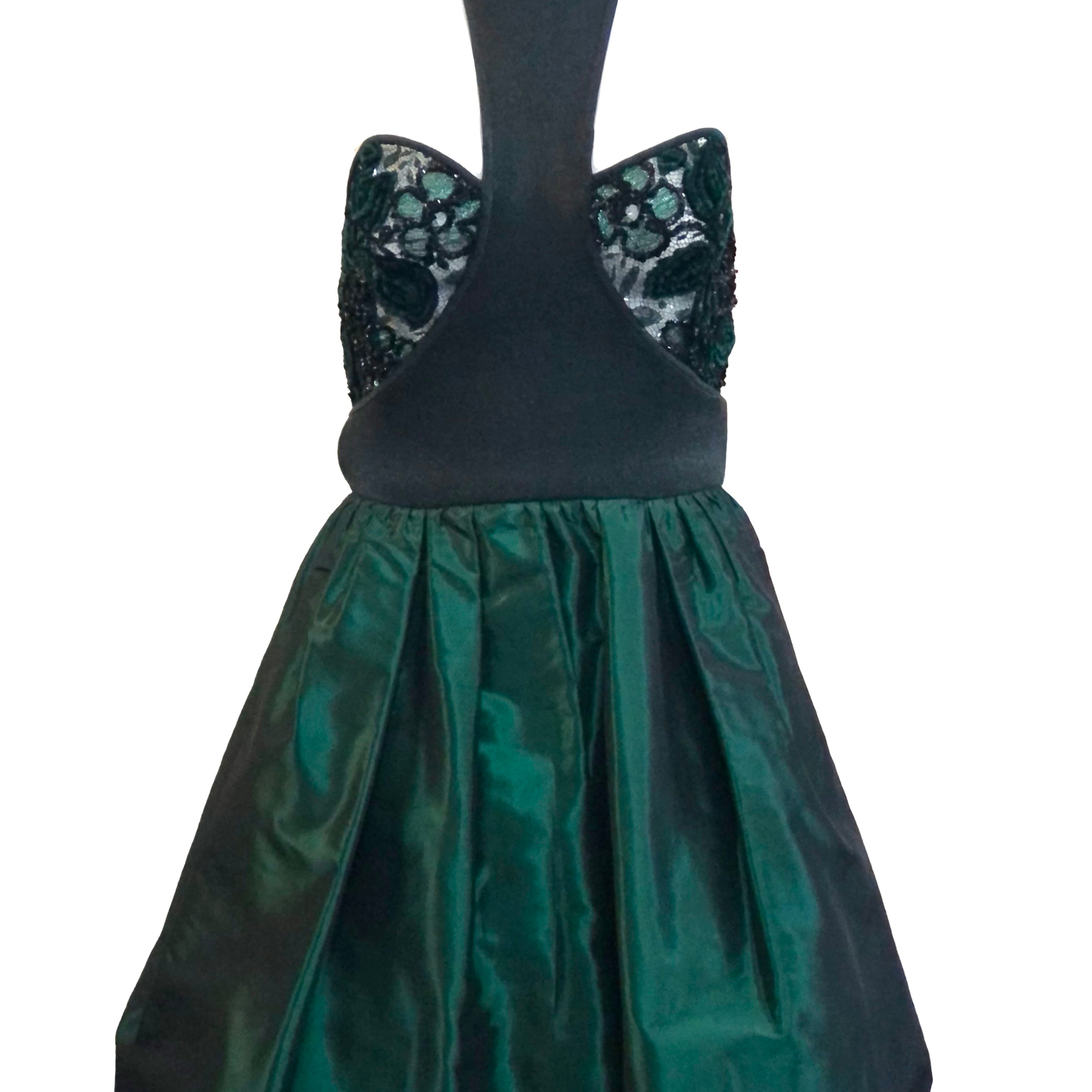 James Galanos 80s Emerald Green Taffeta and Lace Party Dress FRONT 1 of 6