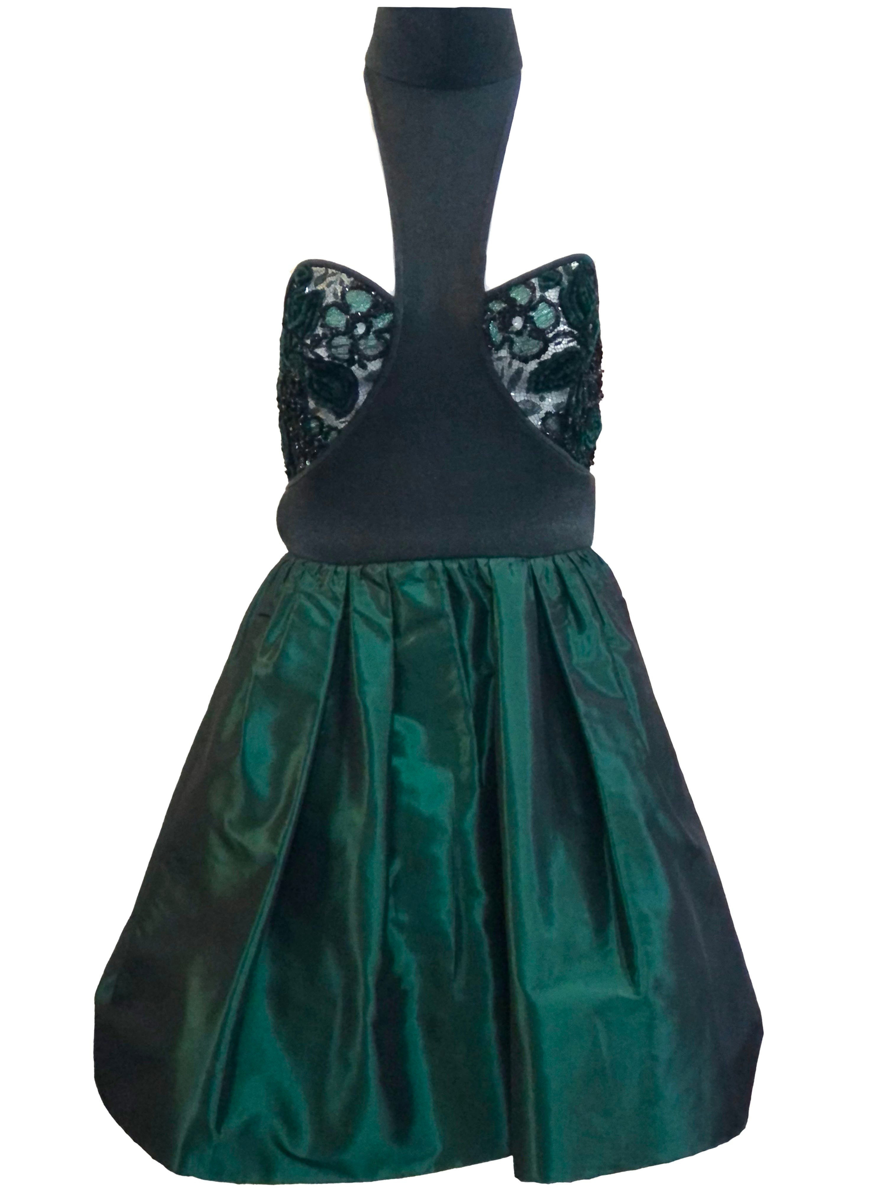 James Galanos 80s Emerald Green Taffeta and Lace Party Dress FRONT 1 of 6