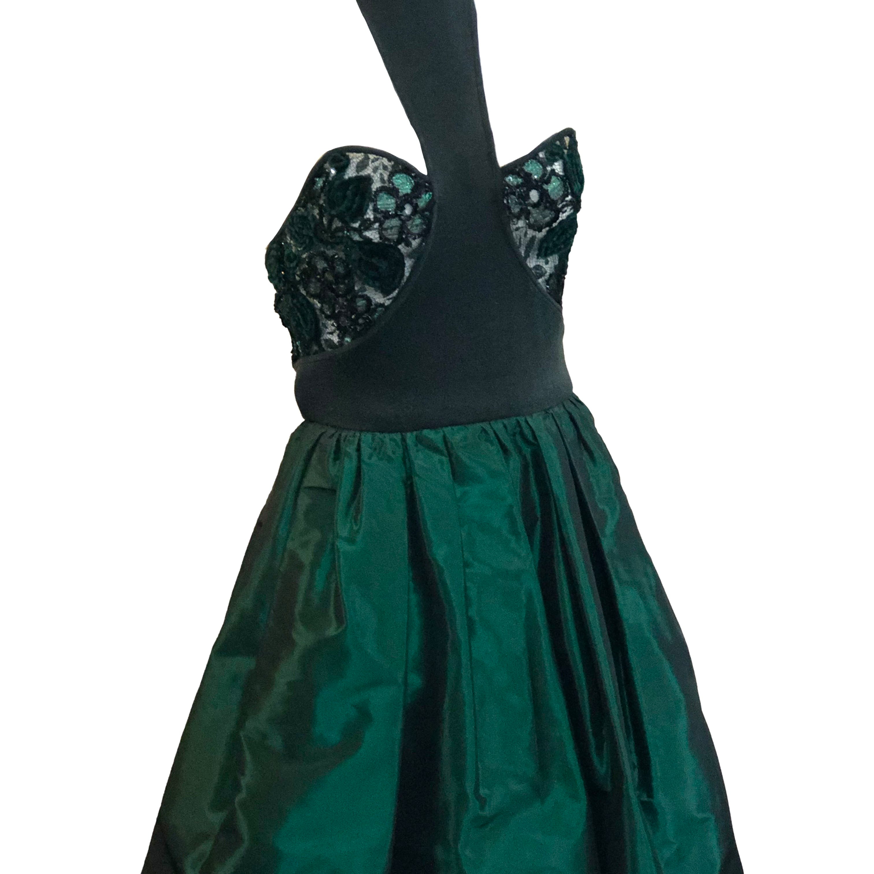 James Galanos 80s Emerald Green Taffeta and Lace Party Dress ANGLE 2 of 6