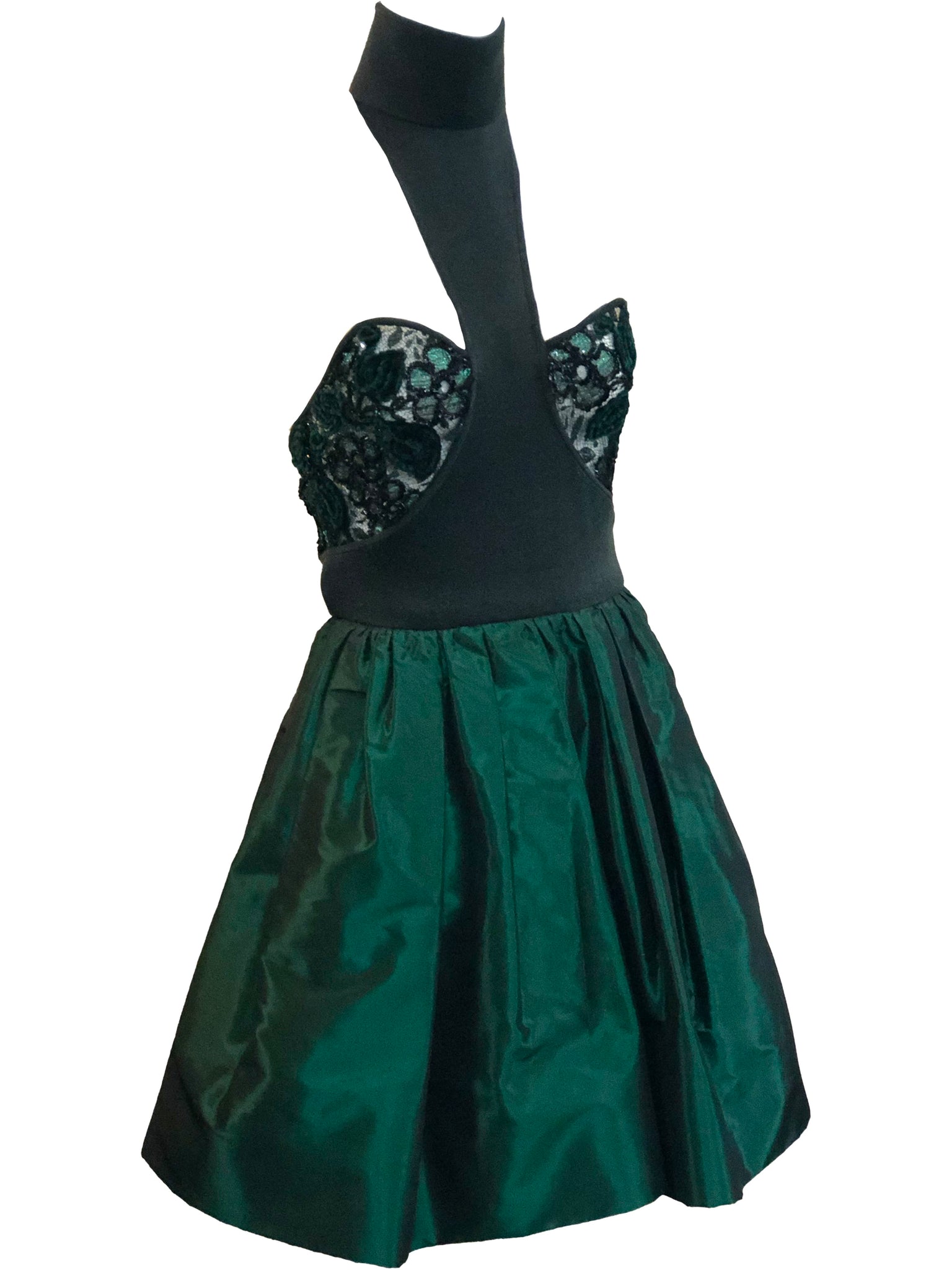 James Galanos 80s Emerald Green Taffeta and Lace Party Dress ANGLE 2 of 6