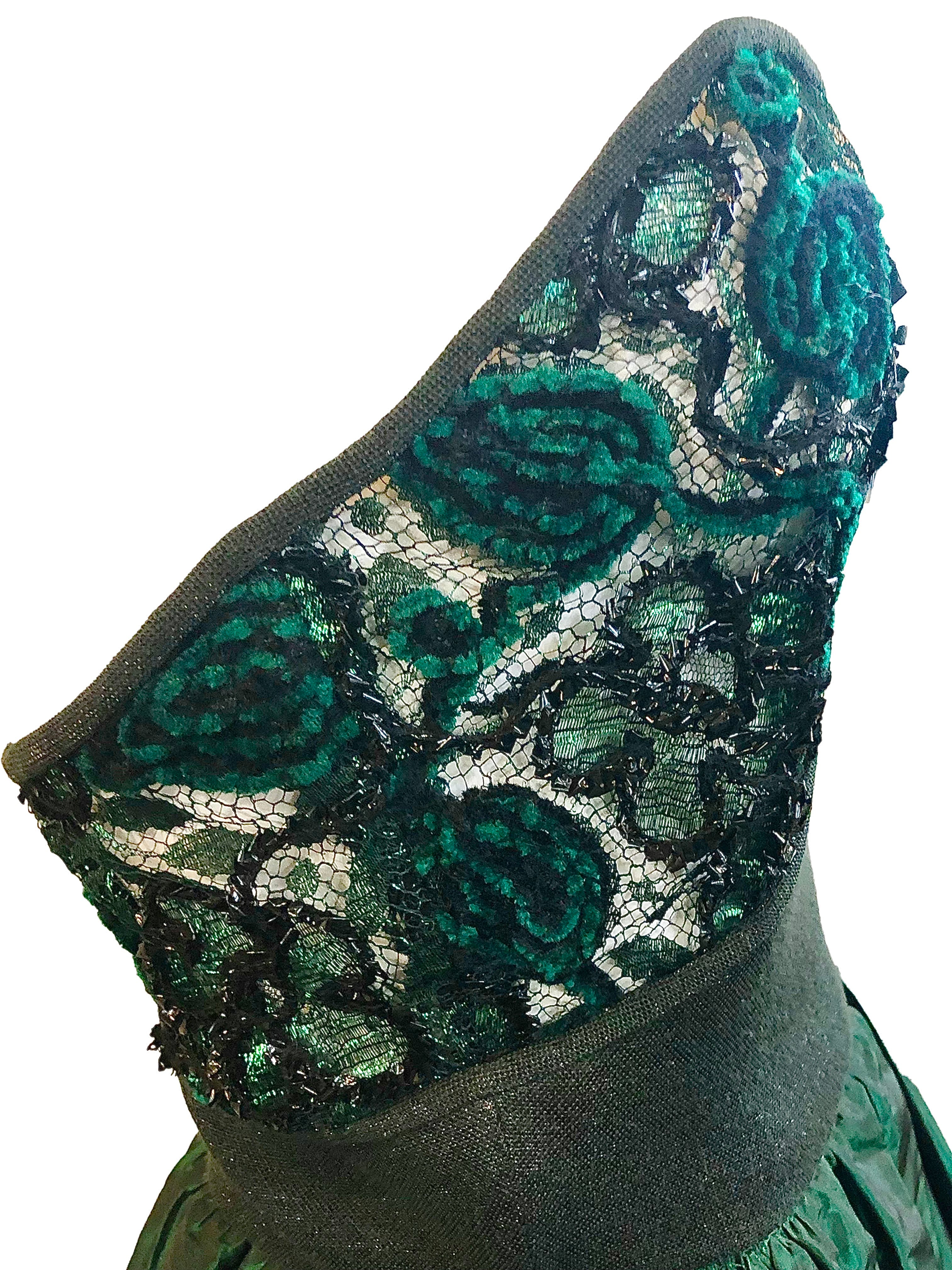 Galanos 1980's Emerald Green Taffeta and Lace Party Dress Galanos 1980's Emerald Green Taffeta and Lace Party Dress